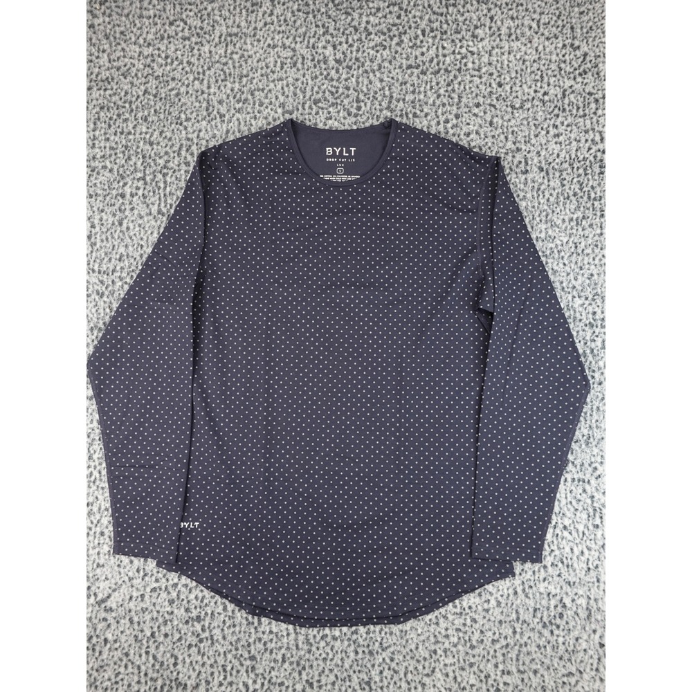 BYLT Drop Cut LS Lux Shirt Mens Large Navy Polka Dot Long Sleeve Curved Hem